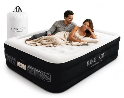 King Koil Luxury Full Size Plush Pillow Top Air Mattress with Built-in High-Speed Pump for Home, Camping & Guests 20 Inflatable Double High Blow Up Airbed, Durable, Waterproof