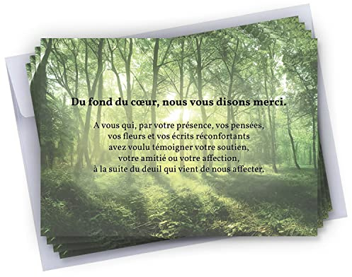 Cadeau Parfait Lot de 50 Cartes de remerciements décès condoléances + 50 Enveloppes autocollantes • Visuel Forêt • Format 10x15 cm