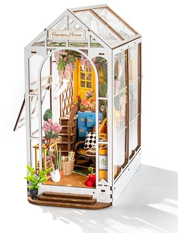 Rolife DIY Book Nook Kit Wooden 3D Puzzle Bookends 9.5 Garden House Miniature Kit with LED Bookshelf Decor Arts and Crafts for Adults Family Project Hobby Creative Gifts for Girls Boys Christmas