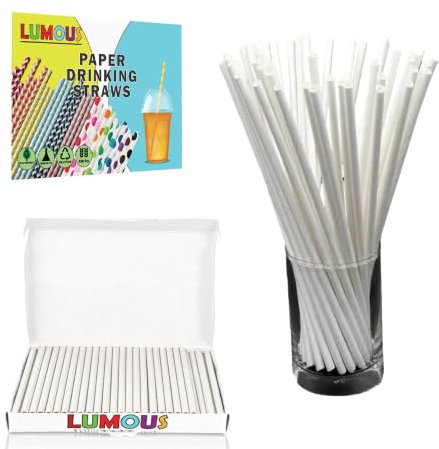 LUMOUS ROLA Paper Straws, 150 Pack Paper Drinking Straws, Bio Degradable Drinking Paper Straws Wedding Party, Party Straws, Restaurant, Juice Drinking Straws (150Pcs White)