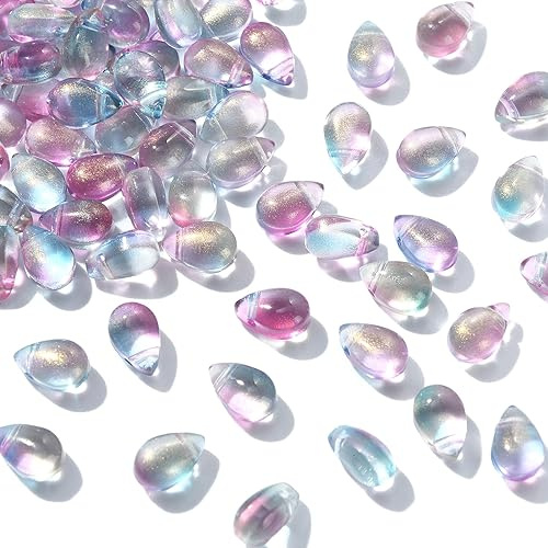 Ur Urlifehall Ovala genomskinliga spraymålade droppformade glaspärlor med glitterpulver, pärlor med borrade hål upptill för gör-det-själv-smyckestillverkning, 100 st.
