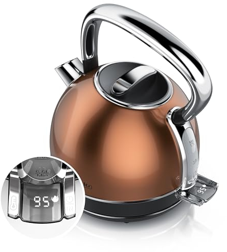 Arendo - Wasserkocher Edelstahl mit Temperatureinstellung - LED Anzeige mit Touch Panel - Wasserkessel Retro Vintage – 1,7 Liter – Warmhaltefunktion – Zwischenmessung – austauschbarer Kalkfilter