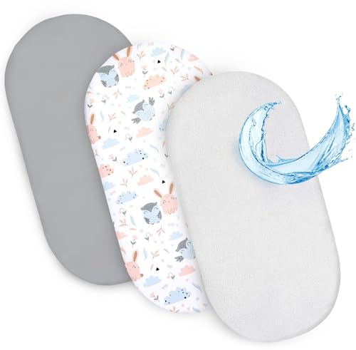 Spannbettlaken Kinderwagen Baby Spannbetttücher 3er Set: 75 x 35 cm - 2X Bettlaken + 1x wasserdichter Matratzenschoner - Babybett Zubehör für Kinderbett Beistellbett Stubenwagen