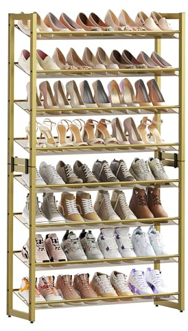 SONGMICS Shoe Rack, 8-Tier Shoe Organizer, Metal Rack for Garage, Set of 2, 4-Tier Stackable Shelf, with Adjustable Flat or Angled Shelves, 32-40 Pairs, Pale Gold ULMR08A02
