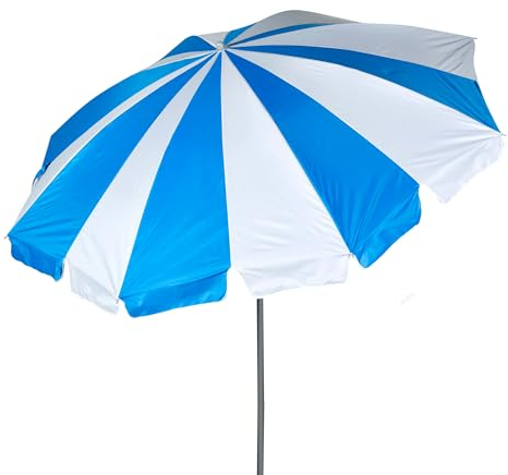 AKTIVE Parasol de Plage, 200 cm, Rayures Bleues et Blanches, Mât en Acier, Inclinaison et Hauteur Réglables, Toile Polyester Oxford, Protection UV50, Sac de Transport