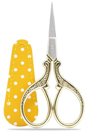Tijera Bordar Pequeñas Artesanías para Coser Hilos, Tijeras de Acero Inoxidable Recortadas a Mano, 1 funda de Tijeras de cuero Falso (Oro)