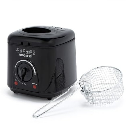 Progress EK2969PBLKVDE Freidora Compacta de 1 L Mini para Grasas Profundas - Cesta de Cocción Antiadherente, Fácil Limpieza, Control de Temperatura Ajustable, Filtro Reductor de Olores, 950 W