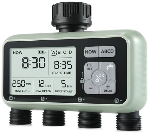 CROSOFMI 4 Vie Timer Irrigazione Automatica Digitale Centralina Irrigazione Temporizzatore Programmatore Irrigazione Giardino /IPX5 Impermeabile/Ritardo Pioggia/Modalità di Irrigazione Manuale