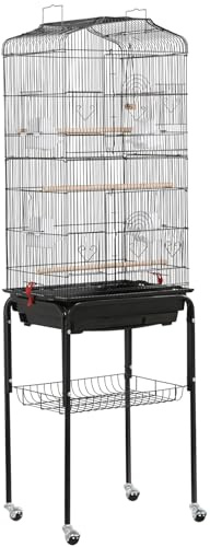 Soberine Gabbia Voliera per Uccelli Pappagalli con Piedistallo Inseparabili Calopsite Ruote in Metallo Posatoi in Legno da Interno e Esterno 46 x 35 x 150 cm Nera