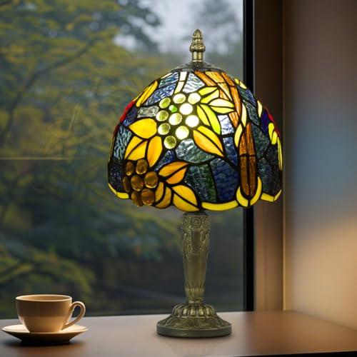 Crefotu Small Tiffany Style Table Lamp, 3 Color Temperatures Bedside Lamp, 8 Inch Stained Glass Desk Light for Home Office Bedroom Living Room (Yellow-Leaf Grapes)