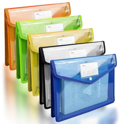 Crynvor 5 Piezas Carpeta Fundas Plastico A4 con Botón y Etiqueta para Hogar