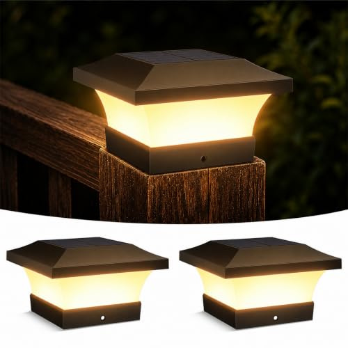 ILIKEPOW - Lote de 2 lámparas solares para postes, 3000 K, color blanco cálido, impermeable, lámparas solares, capuchas, IP65, lámpara solar, 10 x 10 cm, postes para terraza, jardín