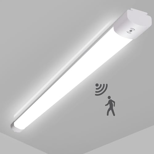 LEOEU Neon LED, 60 cm, LED-rör 20 W, 2 200 LM, taklampa med rörelsesensor, IP65, vattentät, för verkstad, källare, kontor, ladugård, butik