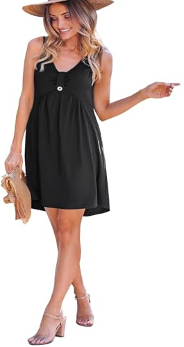 NLAND Vestido de Verano para Mujer sin Mangas con Cuello en V de Línea A Vestidos Casual con Botones y Bolsillo