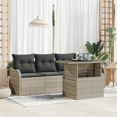 RMIHSJG Lot de 5 canapés de jardin, avec coussins, gris clair, en rotin synthétique résistant, groupe de sièges confortables avec coussins amovibles, pour terrasse et balcon, résistant aux intempéries