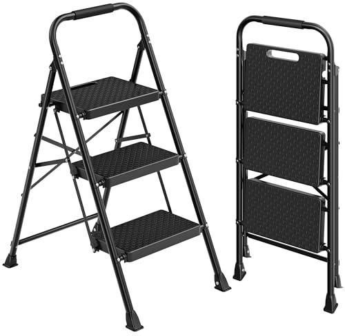 SONGMICS Trappstege med 3 Steg, Hopfällbar Stege i Stål, Halkskydd | Bärkapacitet 150 kg, 114 x 45,5 x 7,5 cm, för Hem och Kontor, Svart, BRODY Kollektion GSL203BZ01