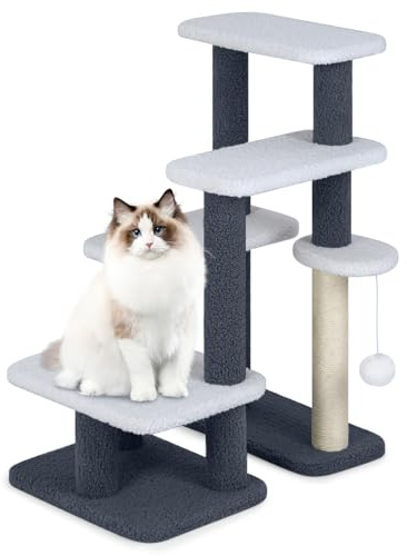 COSTWAY Cat Stairs, 2-in-1 Cat Tree Tower Pet Steps with Sisal Scratching Posts, Platforms & Dangling Ball, 4-Step Indoor Elderly Kitty Dog Climbing Playing Furniture for High Bed Sofa Couch