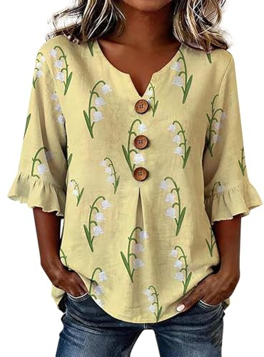 Camicia Donna, Camicia Lino Donna Estiva Cotone Camicie Elegante Di 3/4 Manica a Volant Scollo a V Con Bottoni Bluse Leggero Camicette Ricamo Vintage Casual Top da Spiaggia, Maglietta Leggera e Comoda