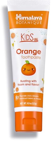 Himalaya Botanique Kids Toothpaste, Herbal, Orange Flavor, Fights Plaque, Fluoride-Free, Gentle, No Artificial Flavors or Colors, SLS Free, Gluten Free, Cruelty Free, Vegan, Foaming, 4 Oz, 1 Pack