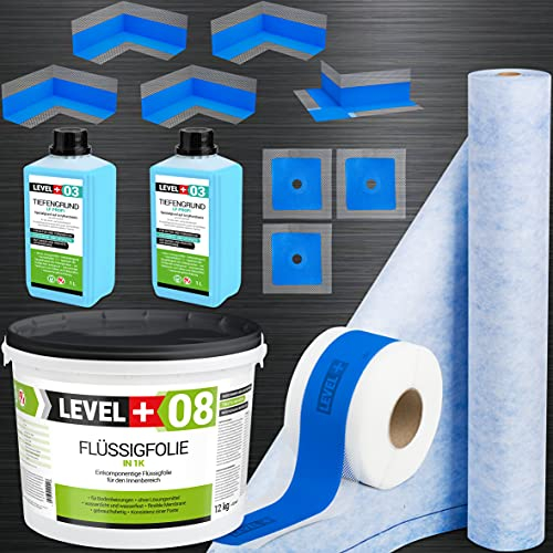 Dicht-Set 12Kg Flüssigfolie, 1m Dichtbahn, 15m Dichtband, 4 Innenecken, 1 Außenecke, 3 Wandmanschetten, 2L Tiefengrund, Dusche, Bad, Küche SET340