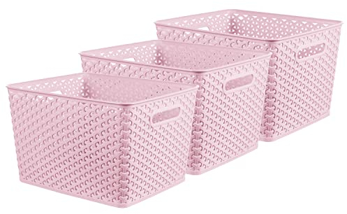 Curver My Style Rattan Effect Set of 3 Kitchen, Living room, Bathroom, Bedroom, Utility Large Rectangular Storage Baskets 18 Litres - Pink