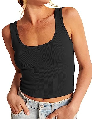 Artfish Women's Sleeveless Shirt Ribbed Fitted Scoop Neck Basic Long Crop Tank Top Square Cotton Black, M