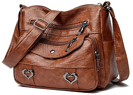 Vllcsla Sac à Bandoulière Femmes Sac à Message Imperméable en Cuir, Poches Multiples, 22x17x10 cm, Sacs Bandoulière de Taille Moyenne Une Ouverture, Décor de Cœur, Marron