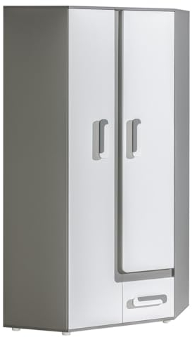 MINIO go for it - Armoire Arezzo 2, 90 x 192 x 90 cm, Armoir d'angle 2 Portes avec Une Tringle à vêtements, Un tiroir et Une Niche, Le Meuble idéal pour Une Chambre d'enfant - Anthracite/Blanc