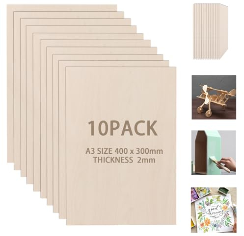FWEEK Pack of 10 A3 Plywood Panels, 2 mm, 400 x 300 mm, A3 Plywood Panels, Unfinished Plywood Board, Birch Plywood for DIY Woodworking, Laser Processing, Model Making, Painting