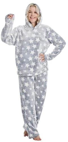 DiaryLook Womens Fleece Pyjamas Hooded Pyjamas For Women Fluffy Cosy (Shimmer Light Grey Stars M)