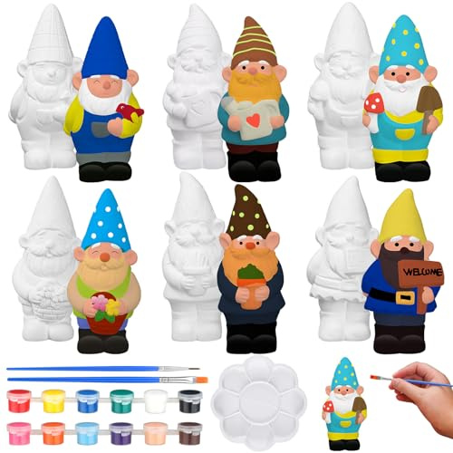 Simgoing 6 Sets Ready to Paint Your Own Garden Gnomes Statues Summer DIY Unfinished Ceramic Gnomes for Painting Figures Plaster Arts and Crafts with Brush Palette for Adults
