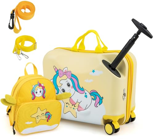 DREAMADE Kinderkoffer zum Draufsitzen, 2 TLG. Kinderkoffer mit Rucksack, Kindergepäck Trolley zum Reisen, Reisetrolley Kinder Trolley Set (Gelb-Einhorn, 18 Zoll +12 Zoll)