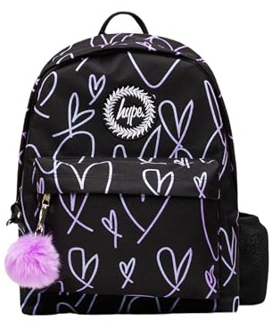hype Girls Backpack, Black Purple Glitter Scribble Hearts