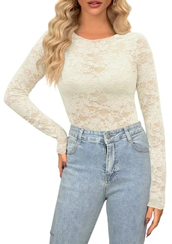 Maglia da donna, in pizzo trasparente, a rete, sexy, a maniche lunghe, con motivo floreale trasparente, Y2K Rave, Beige01, M