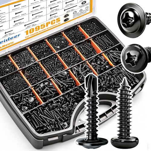 weideer 1095pcs Self Tapping Screws for Metal, #8#10 M2 M3 M4 410 Stainless Steel Screws Assortment Kit Black Oxide Truss Head and Phillips Pan Head Metal Screw