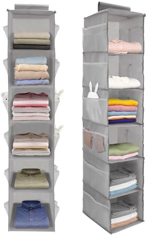 Chostky 2Pack Hanging Wardrobe Storage Organiser, 6 Shelves Clothes Hanging Storage Shelves With Side Pockets, Closet Organiser Foldable Hanging Shelves Unit for Home Bedroom Clothes Accessories