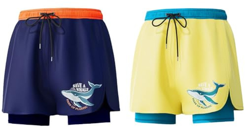 FedMois Bañador Corto para Niño Pantalones Cortos de Compresión con Forro Antirozaduras (Pack de 2), Ballena, 3 años