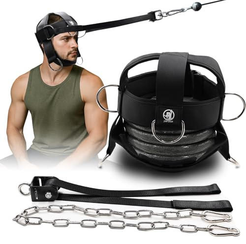 Harnais de cou avec système de poulie – Sangle de tête réglable pour entraînement de force du cou d'un côté à l'autre, chaîne en acier robuste pour entraînement vertical lesté, idéal pour la