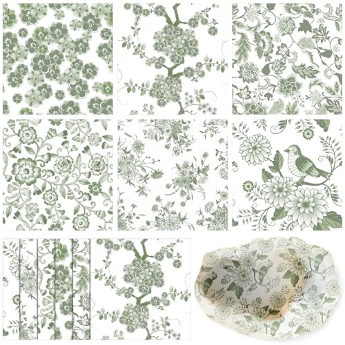 Epakh 36 Pack 6 Styles Sage Green Decoupage Napkins Assorted Floral Chinoiserie Cocktail Napkin Decorative Printed Toile Tissue Paper for Crafting Summer Seashell DIY Coastal Decor, Unfolded 13''