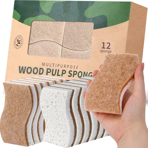 JiedHiur 12Pack Natural Kitchen Sponge, Biodegradable Cellulose and Coconut Scrubber, Eco Friendly Sponges for Dishes