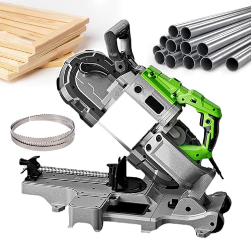 ZMJGLL Industrial Metal Cutting Bandsaw,1100 W Bench Mountable Saw,120x120 mm Max Cut,Variable Speed (0.8-2.4 m/s),For Steel.Wood,LED Light & 6 Blades