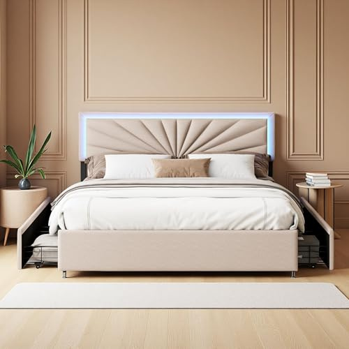 UTTQEW Lit Double 160x200 avec Sommier, 4 Tiroirs de Rangement und Éclairage LED, Lit Double Capitonné avec Sommier à Lattes en Bois et Tête de Lit, Cadre de Lit 160 x 200, Lin, Beige