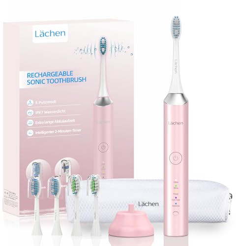 Lächen Elektrische Zahnbürste, 5 Modi Elektrische Schallzahnbürste mit Reise-Etui 4 Aufsteckbürsten, 2 Minuten Timer,USB-Ladung für 60 Tage, IPX7 Wasserdicht (Rosa)