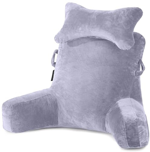 SLIGUY Almohada de Lectura, Almohada para Reposo en la Cama con Cuello Desmontable y Brazos para Sentarse en la Cama o el Respaldo, Almohada de Lectura Espalda para Adultos,Gris Claro