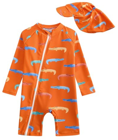DivingBirds Conjunto de Traje de Baño con Protección Solar para Bebé Niño con Sombrero de Sol - Traje de Baño de Una Sola Pieza de Manga Larga con Cremallera para Niños Pequeños para Playa y Piscina