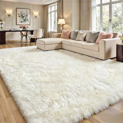 Homcomodar Hochflor Teppich Wohnzimmer Beige Teppich Wohnzimmer 200x300 Große Teppiche Anti-Rutsch Teppiche Kinderzimmer Schlafzimmer FlauschigerTeppich