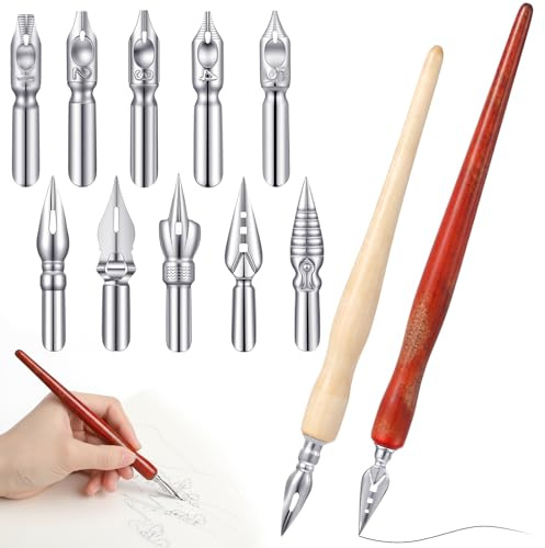 Ouligay 12 PCS Comic Dip Pen Set, Calligraphy Dip Pen Set for Drawing Including 2 Pens Holders +10 Different Nibs for Drawing, Writing, Lettering and Sketch Cartoon Sketching Signing