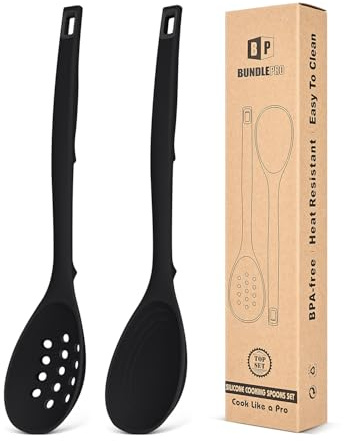 Confezione da 2 cucchiai da cucina in silicone, antiaderenti, solidi, con segni di misurazione e ganci posteriori, cucchiaio scanalato in silicone resistente al calore, per cucinare, mescolare