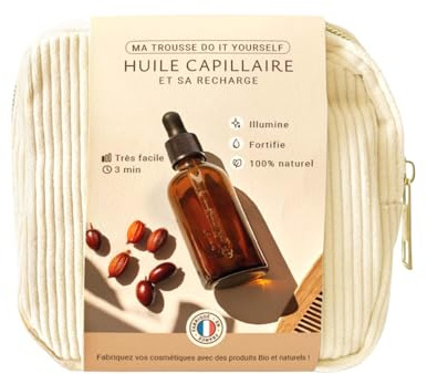 MyCosmetik - Coffret DIY Huile capillaire soin cheveux réparateur - Kit Cosmétique Maison - Ingrédients naturels et bio - Trousse en velours avec accessoires + recette inclus.