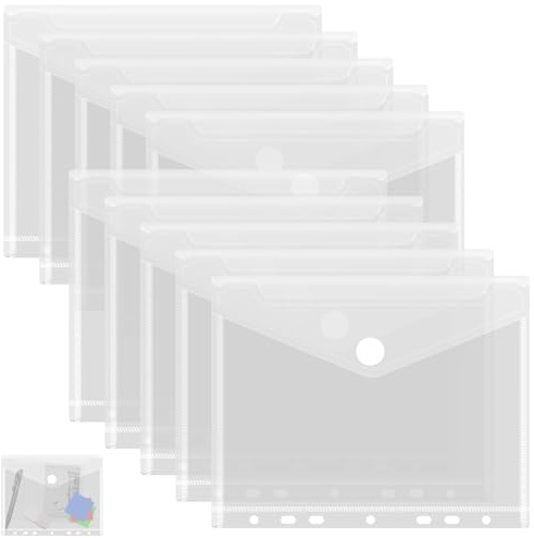 Plastic Wallets A5 Punched Pockets,10 Pack Clear Plastic Folders,Waterproof A5 Polly Pockets 7 Hole Reinforcers Fit 2/3/4 Ring Binders Folders Suitable for Office Stationery Supplies